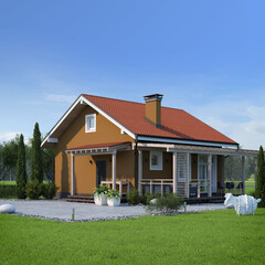 3d illustration of modern cozy house in minimalist style with garden.Farm house for sale or rent.Country aesthetic.3d render.