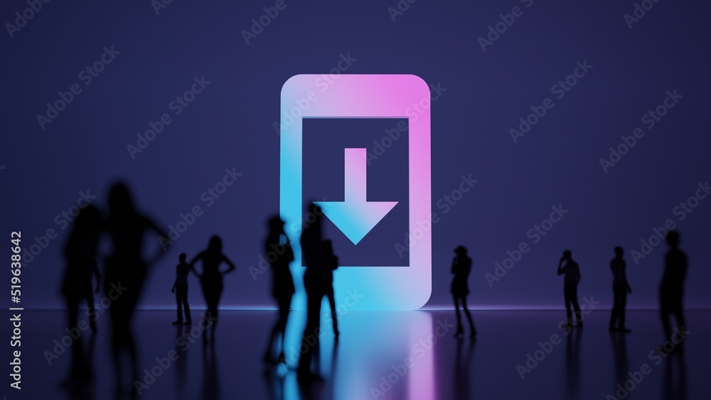 Poster 3d rendering people in front of symbol of mobile phone on background