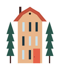 Simple and cute Scandinavian style house. Minimalistic building with fir trees. Isolated on white vector illustration