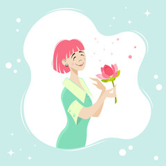 Happy asian girl with pink hair and lotus flower in her hands on white and mint background