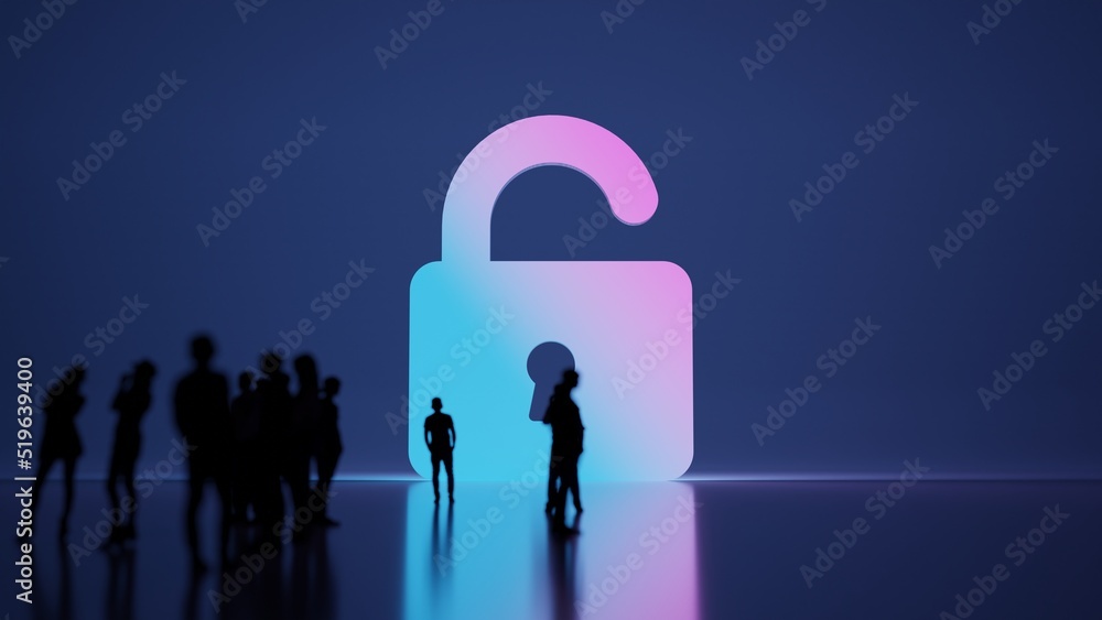 Poster 3d rendering people in front of symbol of padlock on background