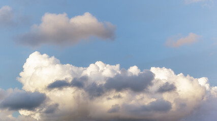 Fototapeta na wymiar Cumulus white clouds floating on blue sky in beautiful evening
