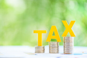Personal income tax, pay self assessment tax bill, financial concept : Yellow wood alphabet letters...