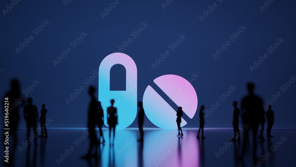Poster 3d rendering people in front of symbol of pills on background
