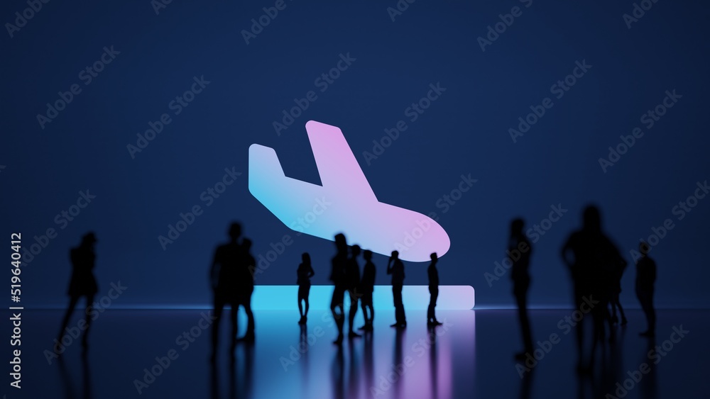 Poster 3d rendering people in front of symbol of plane arrival on background