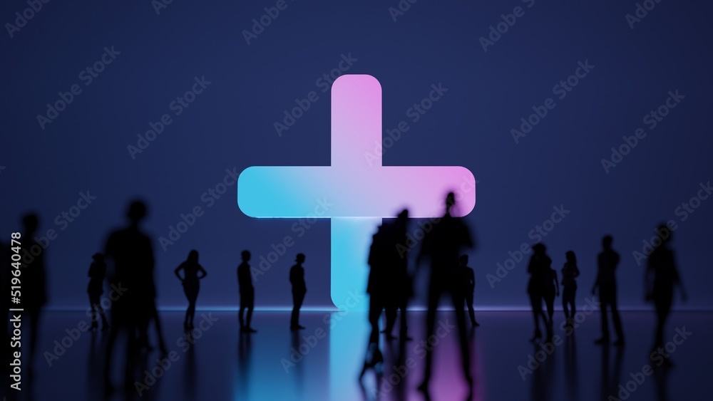 Poster 3d rendering people in front of symbol of plus on background