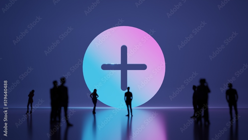 Poster 3d rendering people in front of symbol of plus on background
