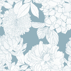 Garden flower illustration. Line  vintage seamless pattern.  Chrysathemum, hydrangea, peony spring line illustration. Vintage blue color. © Виктор Фесюк