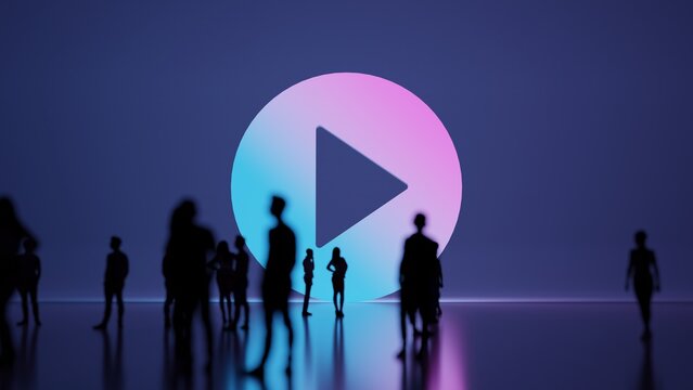 3d rendering people in front of symbol of play button on background