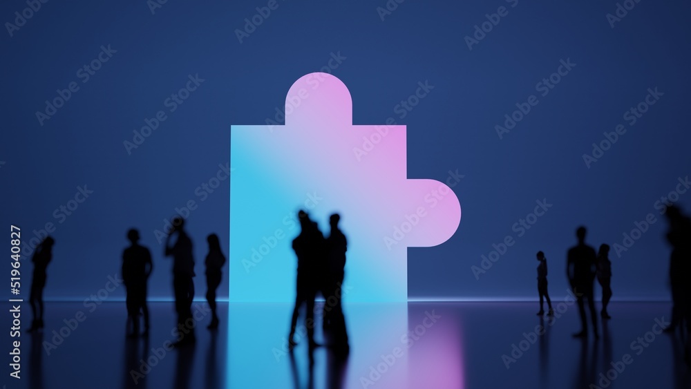 Poster 3d rendering people in front of symbol of puzzle on background