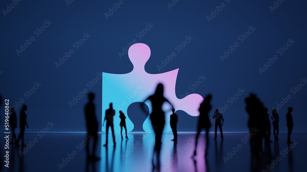 Poster 3d rendering people in front of symbol of puzzle piece on background