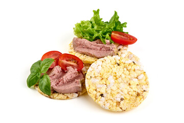 Chicken liver pate sandwich, isolated on white background.