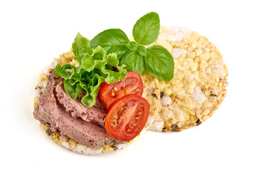 Chicken liver pate sandwich, isolated on white background.