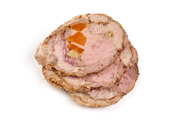 Boiled ham slices, isolated on white background.