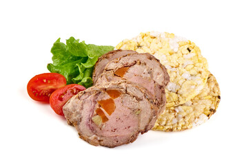 Boiled ham slices, isolated on white background.