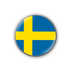 Sweden flag. Round badge in the colors of the Sweden flag. Isolated on white background. Design element. 3D illustration.