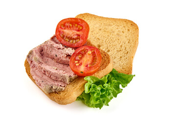 Chicken liver pate sandwich, isolated on white background.