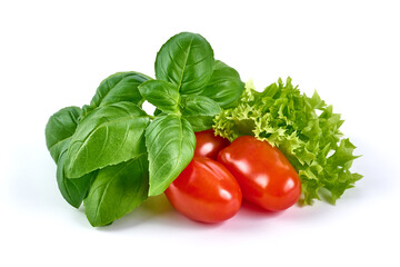 Fresh spices and herbs bouquet, basil and lettuce , isolated on white background.