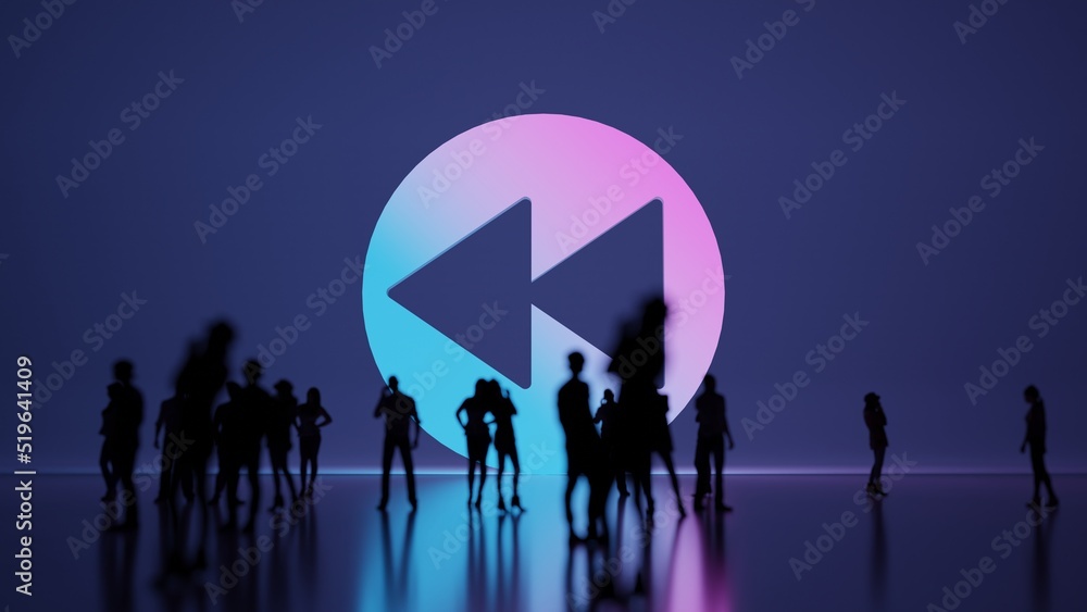 Poster 3d rendering people in front of symbol of rewind on background