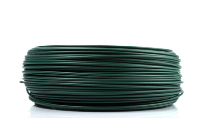 Coil of green PVC coated wire. Isolated on a white background.