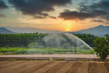 Watering machine waters a field during a drought period.
