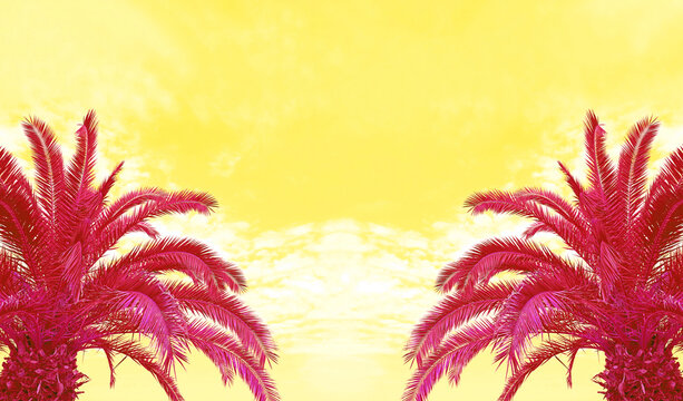 Surreal Pop Art Style of Hot Pink Palm Trees against Yellow Sky