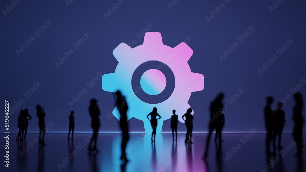 Poster 3d rendering people in front of symbol of settings on background