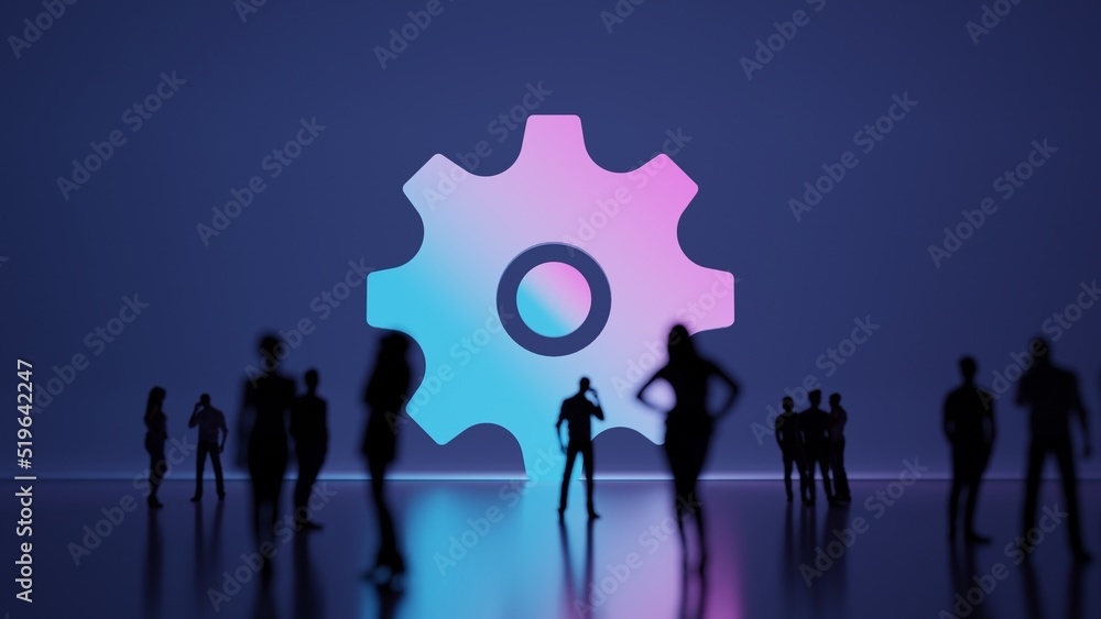 Poster 3d rendering people in front of symbol of settings on background