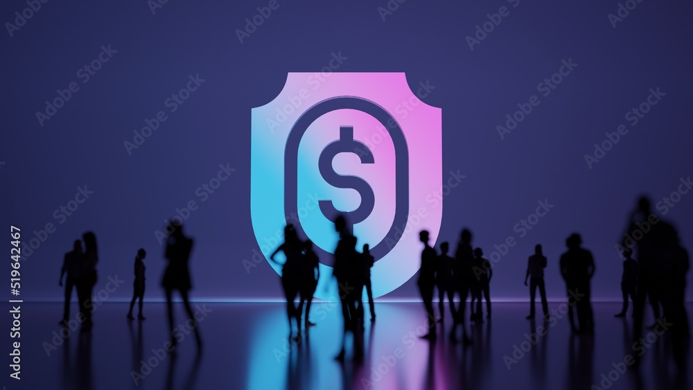 Poster 3d rendering people in front of symbol of shield on background