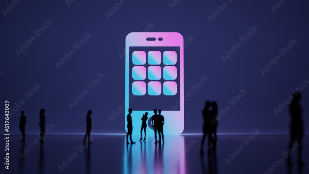 Poster 3d rendering people in front of symbol of smartphone on background