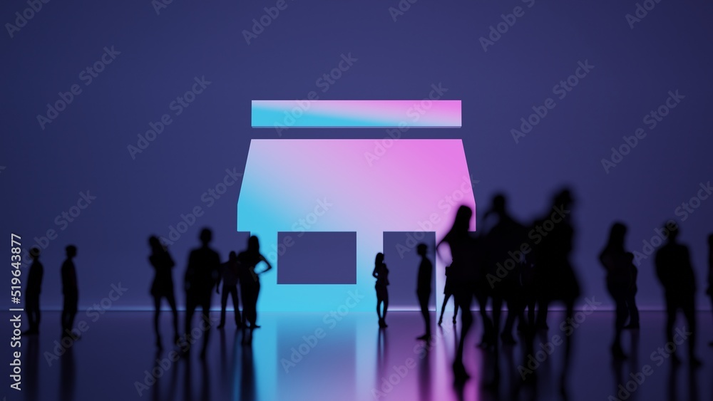 Poster 3d rendering people in front of symbol of store on background