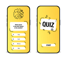 The template of the mobile application interface for the quiz on a yellow background. Test, exam, questions and answers for a TV show. Vector illustration of EPS10