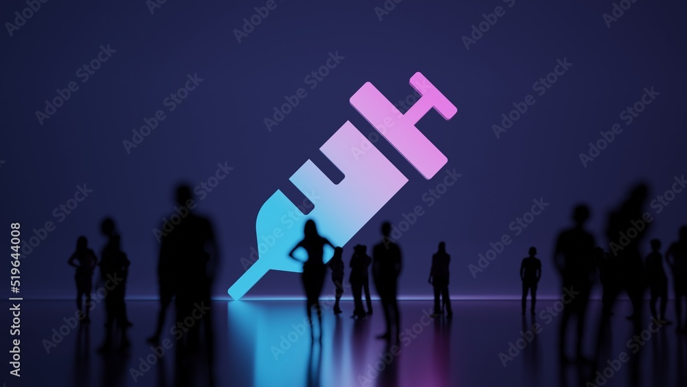 Poster 3d rendering people in front of symbol of syringe on background