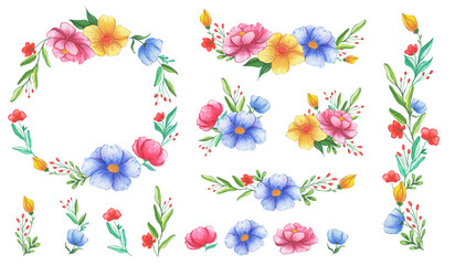 Watercolor set with flowers. Floral frame, border, elements.