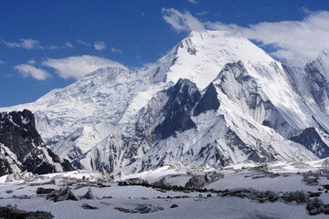 Mitre Peak (6010 meters) and frozen Baltoro Glacier are seen from Godwin Austin Glacier near K2 Basecamp in Karakoram Range.  Mitre peak is a neighboring peak of some of the highest mountains on earth