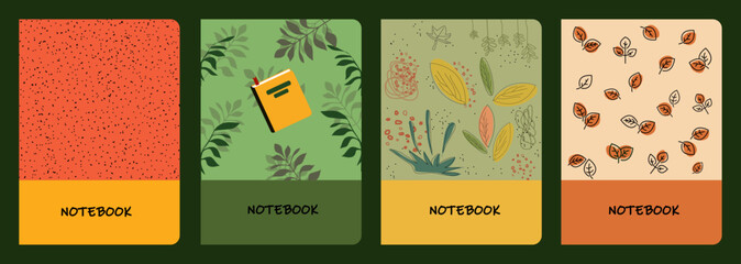 a set of colored notebooks with an autumn ornament of yellow, orange and green leaves