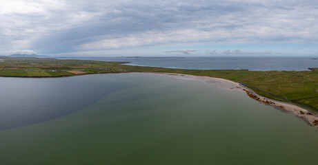 aerial panorama of the beautiful Elly Bay Beach on the Mullet Peninsula of Ireland at low tide