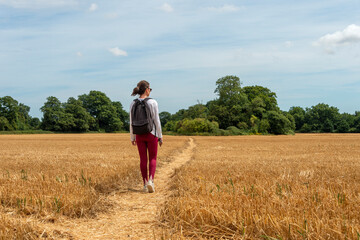 Woman walking through the countryside, harvested field.