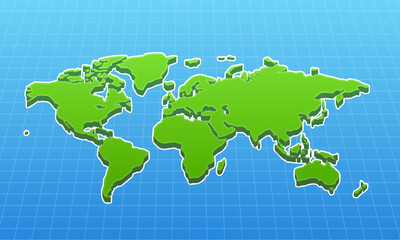 simple 3D illustration of a world map with green and blue color