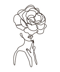 Woman in line style with plant on green background, isolated on white background. Hand drawing style illustration. Vector illustration concept.