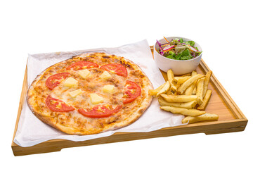Hawaiian pizza set with fries and salad served in a dish isolated on wooden board on plain white background side view