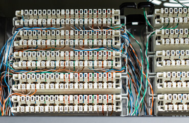 Telephone switchboard wires panel. Communication and networking concept.