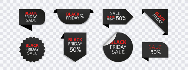 Set of sale black friday tag and label. Black friday sticker and badge vector mockup.