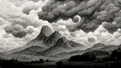 Abstract digital pencil drawing of dark clouds over mountain landscape.  Digital dark fantasy art. Generative AI