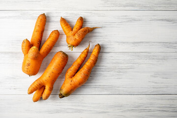 Top view close-up of several ripe orange ugly carrots lie on a light wooden surface with copy space...