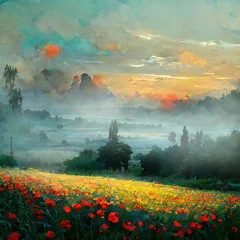 Türaufkleber Mesmerizing natural landscape with the alpine meadows filled with wildflower poppies in sunset. Digital oil painting of landscape. Illustration. Generative AI © Forest Spirit