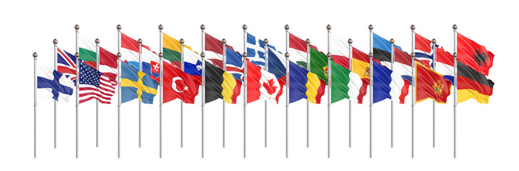 Flags of NATO - North Atlantic Treaty Organization, Sweden, Finland.  - 3D illustration.  Isolated on white background