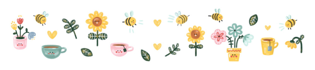 Cute kawaii horizontal vector banner. Cartoon watercolor bees, flowers, tea and coffee mugs, plant pots, leaves and sunflowers. Texture baby stickers for print, decor, textiles