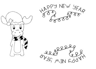 Santa reindeer with garland, inscription Happy New Year and copy space. Funny cartoon christmas animal. Christmas greeting card. Christmas concept. New year background.