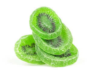 Heap of dried kiwi fruit isolated on a white background. Candied kiwi fruit.